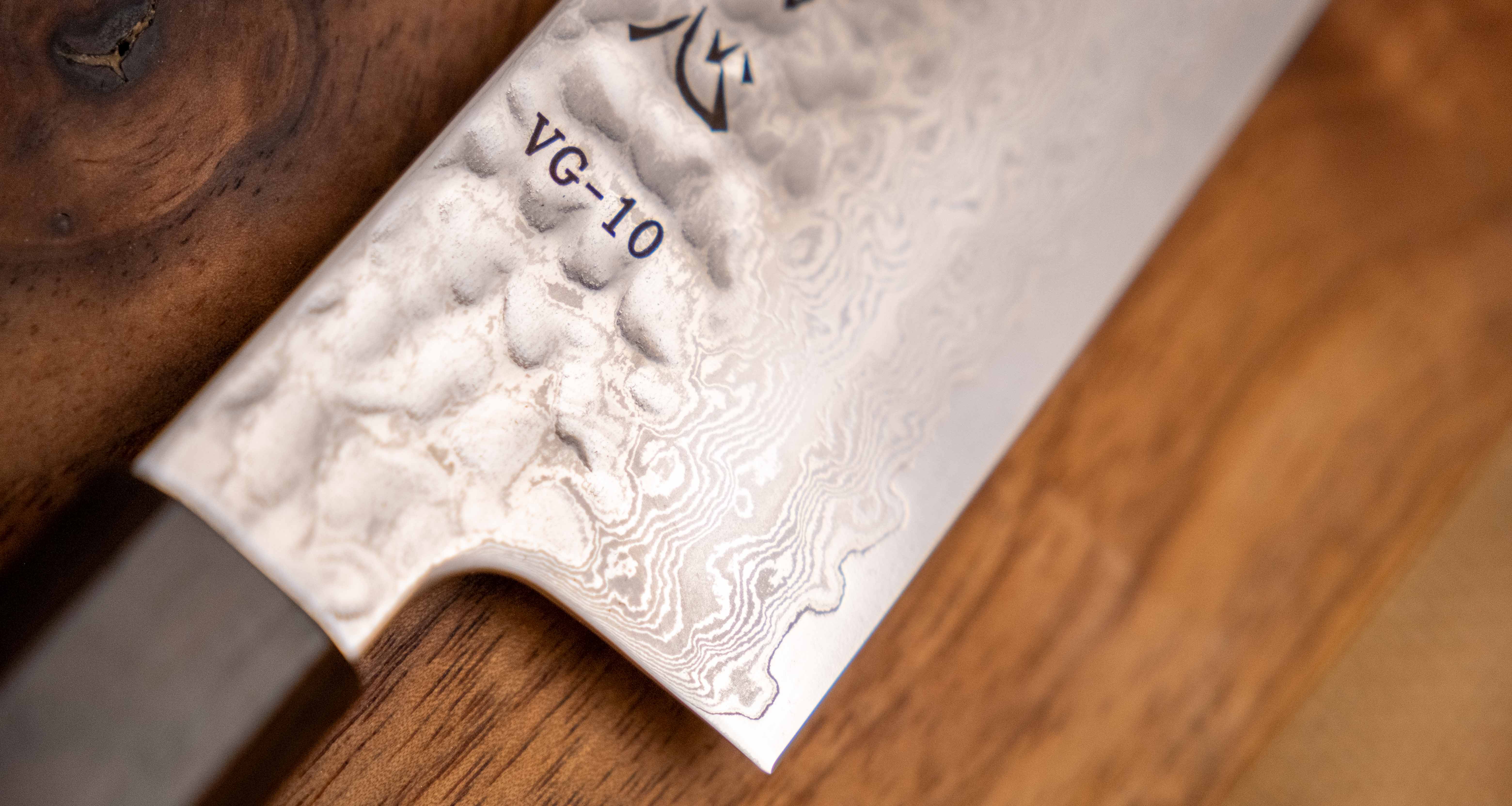 Hayabusa Santoku VG-10 Tsuchime Damascus Ebony 180mm (7.1") - Image 6